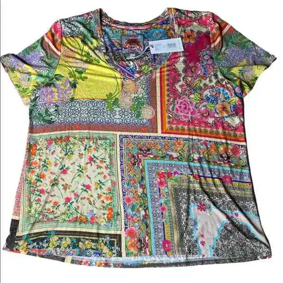 Johnny Was “Calloway” Multicolor Patchwork soft bamboo Tee. Gorgeous design! - Picture 3 of 5